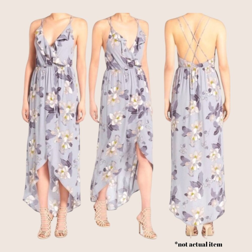💜 ASTR THE LABEL FLORAL RUFFLE SURPLICE HIGH LOW MAXI DRESS LAVENDER GRAY XS